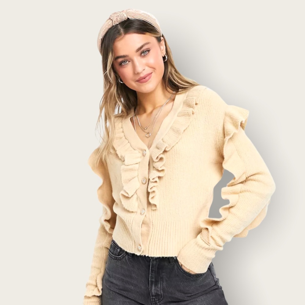 🆕 ASOS Violet Romance ruffle detail cardigan in oatmeal
